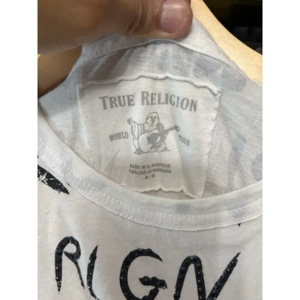 True Religion White Black All Over Print Short Sleeve Shirt Men Size Medium